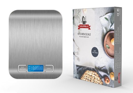 KRUMBLE Digitale Precisie Keukenweegschaal RVS 5kg â€“ Nauwkeurige Kook Weegschaal met Doorweegfunctie (TARE) â€“ 1 gram precisie tot 5000 gram