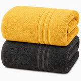 Komfortec Set van 2 Handdoeken 80x200 cm - 100% Katoen - XXL Saunahanddoeken - Badlaken - Strandlaken - Badhanddoek - Douchelaken - Zacht - Hoge Absorptie - Sneldrogend - Antraciet & Geel