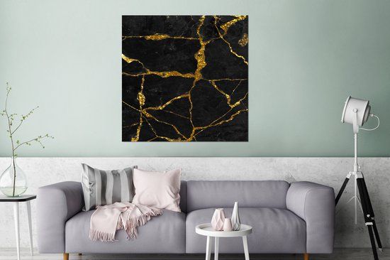 MuchoWow Metal Wall Decoration - Aluminum Industrial Painting - Marble - Gold - Black - Marble Look - Glitter - 90x90 cm - Dibond - Photo on Aluminum - Industrial Wall Decoration - For Living Room/Bedroom