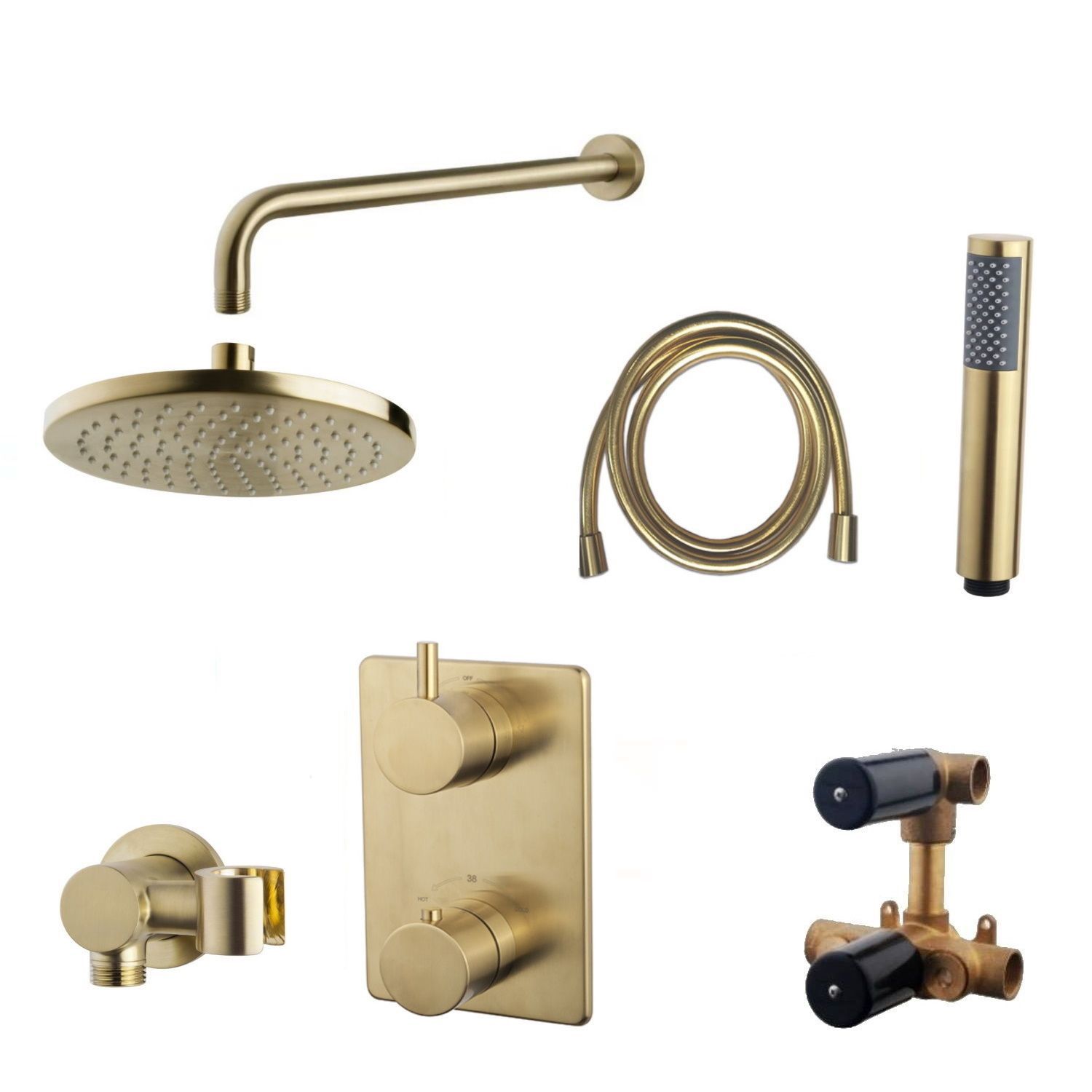 Wiesbaden inbouw regendouche set 12 caral rechthoek muuruitloop geborsteld messing goud