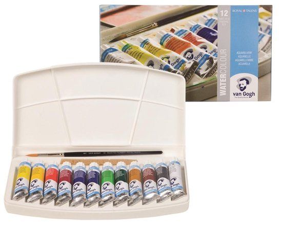 Van Gogh Aquarelverf Set - 12 x 10ml Tubes - Assorted Colors - Includes Brush, Sponge & Mixing Tray