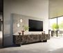 Meuble TV Cuor 220 cm Céramique Emperador Extra Lucidato brun foncé 1 clapet 2 tiroirs pied optique flottant acier inoxydable