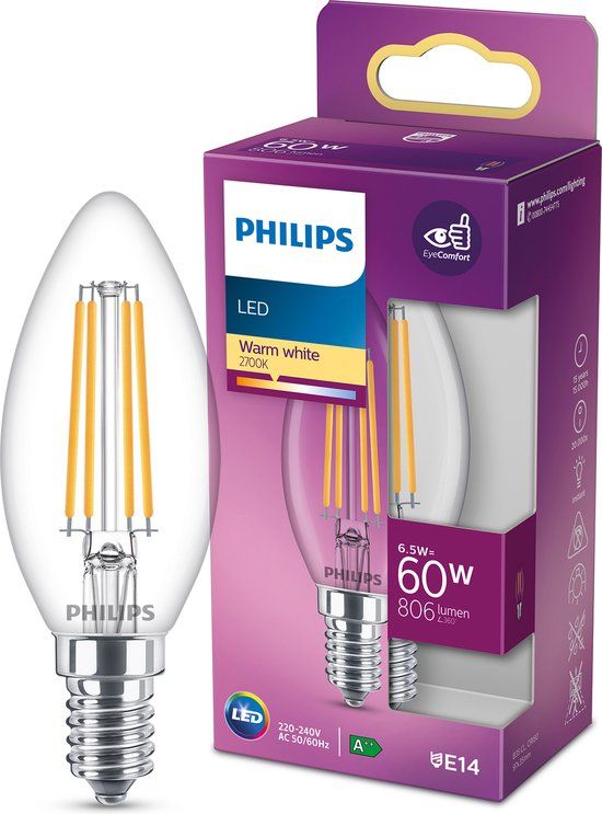 Philips LED E14 Candle Bulb - 6.5W (60W Equivalent) - Warm White
