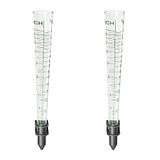 Relaxdays regenmeter met stok, set van 2, pluviometer voor tuin of balkon, 35mm/m², kunststof, hout, natuur/transparant