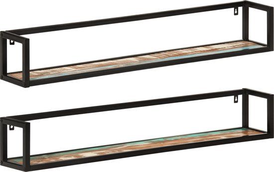 vidaXL Wandschappen - 2 stuks - 110x17x17 cm - Massief gerecycled hout en ijzer