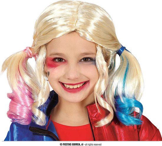 Fiestas Guirca - Pruik Blond met gekleurde krullen (kindermaat) - Groen - Unisex