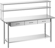 VEVOR Werktafel Roestvrijstaal 1829 x 610 x 1400 mm met Onderblad, 3 Lades en Dubbel Uitschuifbaar Blad
