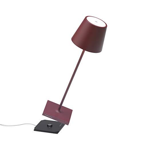 Zafferano Poldina Pro - Dimmable Draadloze LED Tafellamp in Aluminium, IP54 Bescherming, Binnen/Buiten gebruik, Contact Laadbasis, H38cm, EU Plug - Bordeaux