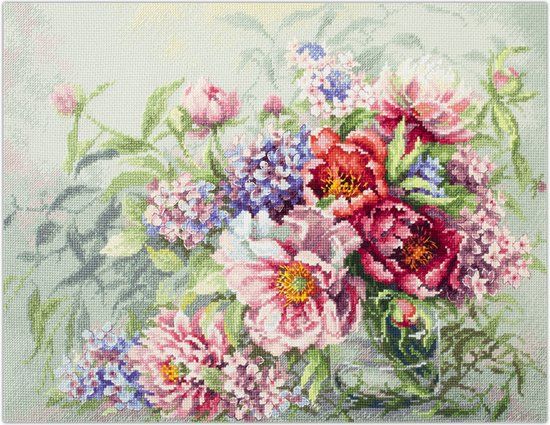 Magic needle Zweigart Edition kruissteek set pioenrozen en hortensia, telpatroon, 40x30cm