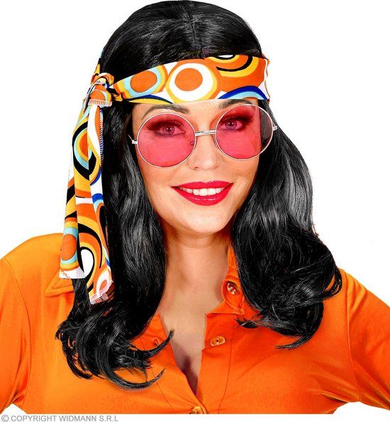 W WIDMANN MILANO Party Fashion 70s Disco Pruik met Hoofdband Zwart - One Size - Hippie Verkleedthema