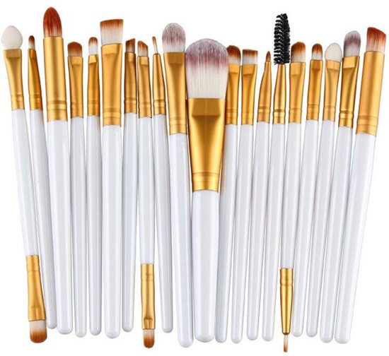 Evvie 20-delige make-up kwasten set - geschikt voor oogschaduw, lippenstift, concealer en foundation - wit/goud