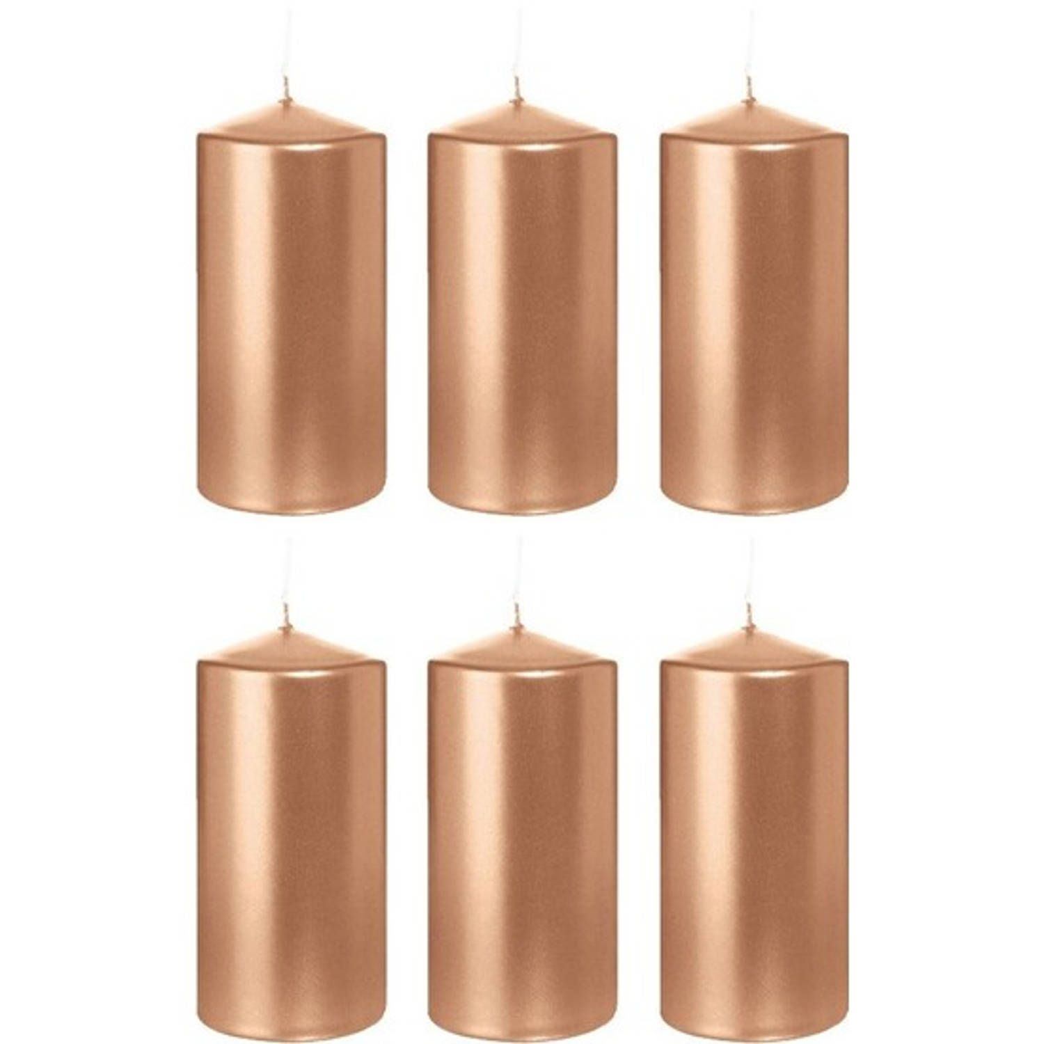 Trend Candles 6x Rosegouden cilinderkaarsen/stompkaarsen 6 x 12 cm - Geurloos - Goudkleurig