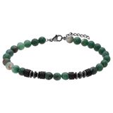 Lucardi - Heren Stainless steel herenkralenarmband groene jade - Armband - Staal - Zilverkleurig - 20 cm