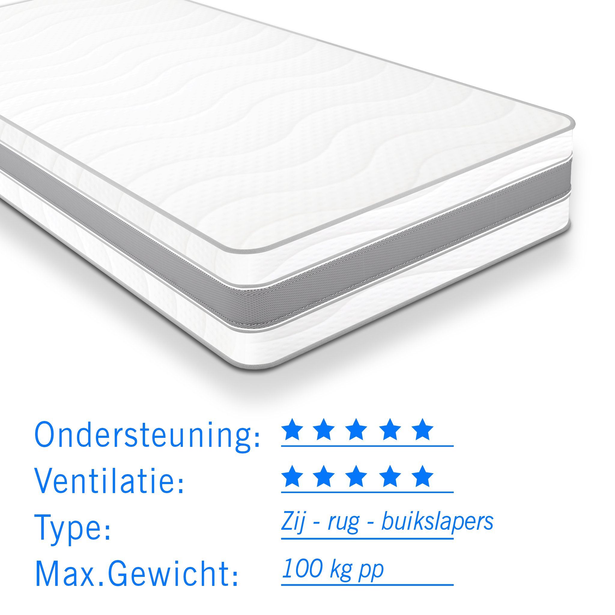 Droommatras Matras pocketvering 7 Comfort Zilver 80x220cm dikte 24cm