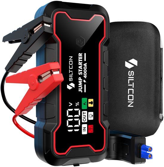 Siltcon® 12V 4-in-1 Jumpstarter Voor Auto - 4000A / 24.000 mAh Powerbank - Startkabels - 18W USB-C Snellader - LED Zaklamp - SOS Noodlicht - Noodpakket - Alle Voertuigen - Inclusief Opberghoes