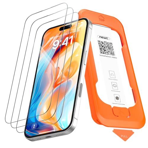NEW'C 3 Stuks, Gehard Glas Volledig Scherm voor iPhone 16 Plus, iPhone 15 Plus 6,7 inches [Automatische Installatie], Zwarte Rand Gehard Glas Film Schermbeschermer, ultrabestendig
