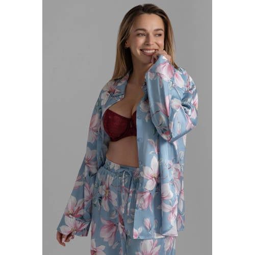 Dorina Curve satijnlook pyjamatop Bella blauw/roze/wit