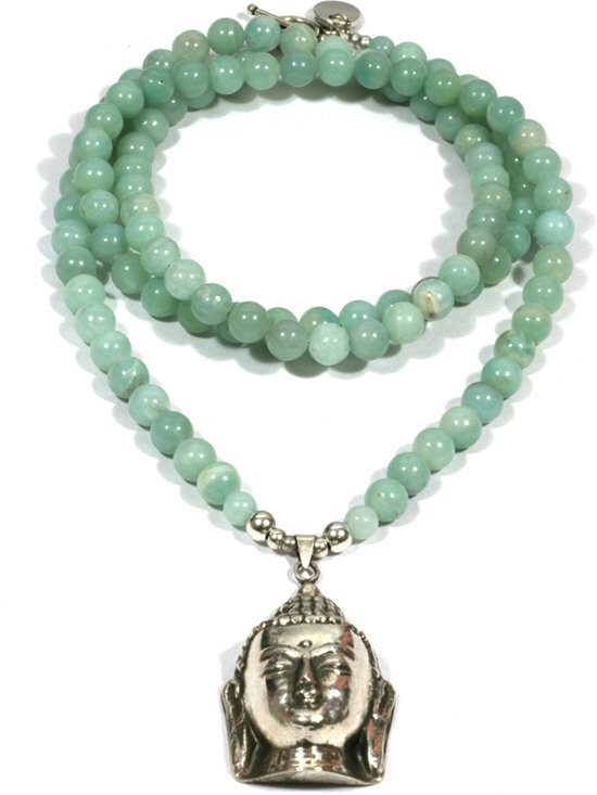 Heaven Eleven - dames ketting - Edelsteen amazoniet 8mm - 925 sterling zilver grote buddha - 80cm