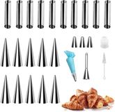 Mal en mousse 27 pièces éplucheur moule tabouret acier inoxydable douilles moule à pâtisserie avec sac à douille en silicone brosse de nettoyage idéal pour la pâtisserie rouleaux de mousse cornes pâtisserie créative