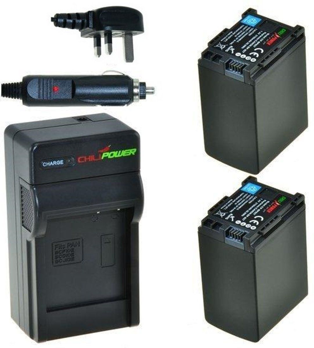 ChiliPower 2 x BP-827 accu's voor Canon - Charger Kit + car-charger - UK version