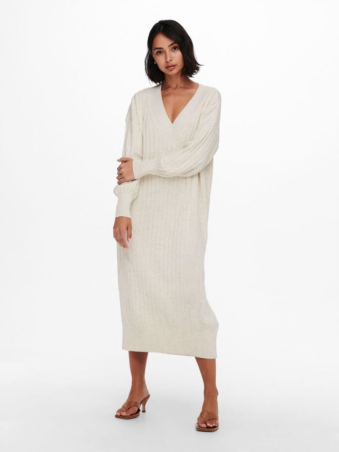 ONLY ONLNEW TESSA L/S MIDI V DRESS KNT NOOS Jurk Beige S