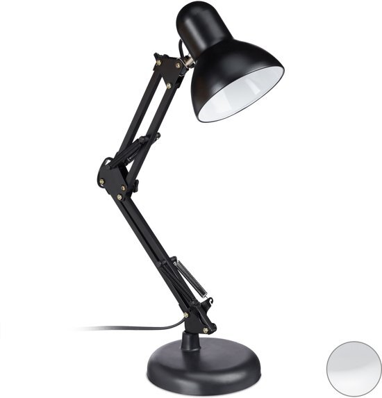 Relaxdays retro bureaulamp - flexibele knikarm - tafellamp - leeslamp metaal verstelbaar zwart