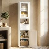 HOKEEPER Armoire haute de salle de bain blanche – Armoire de salle de bain étroite avec 2 portes et compartiments ouverts – Étagère de salle de bain et armoire de cuisine indépendantes