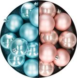 Decoris - Kerstballen - 24 stuks - Mix Lichtroze/IJsblauw - 6 cm - Kunststof