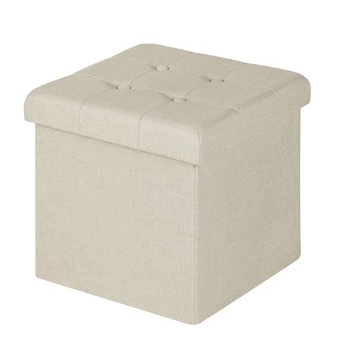 WOLTU Poef voetenbank met deksel in Linnen, Opbergkruk opvouwbare 37,5x37,5x38cm, Gebroken Wit SH06cm-1