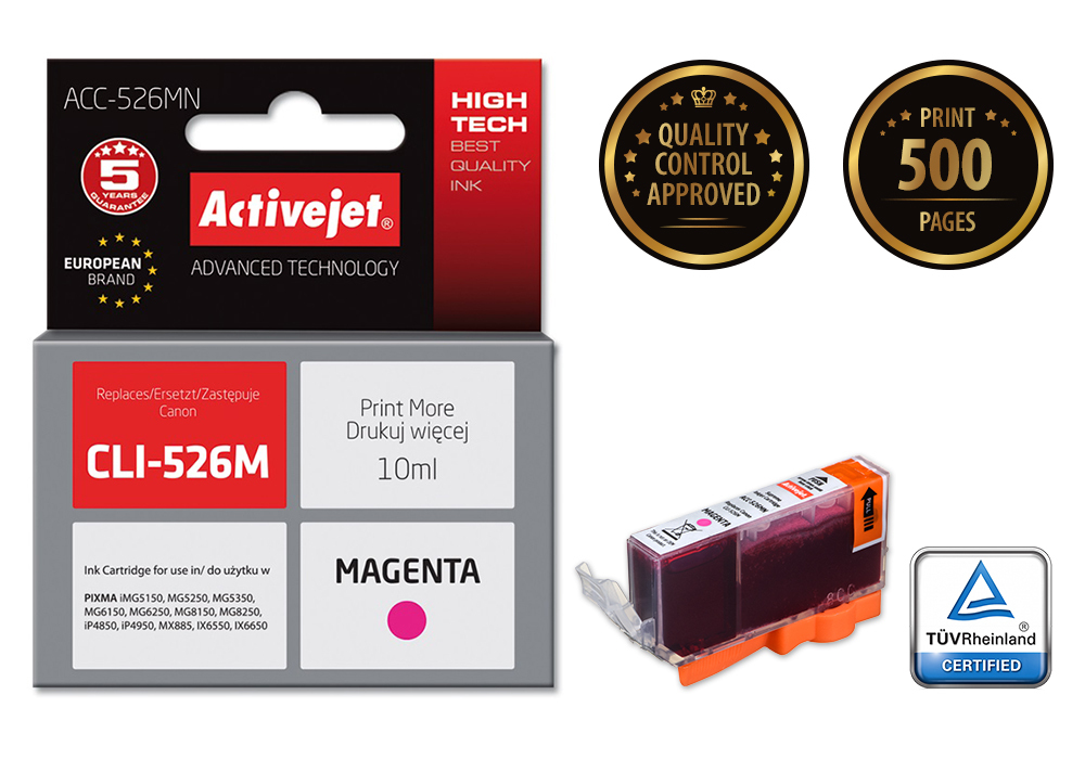 ActiveJet ACC-526MN inkt (Canon CLI-526M vervanging; Supreme; 10 ml; rood), single pack / magenta