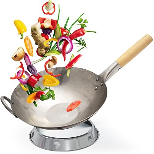 Flavemotion Wok + wokring voor inductie, e-fornuis (platte bodem, 30 cm) handgehamerde wok van koolstofstaal met houten handvat incl. wokring om neer te zetten