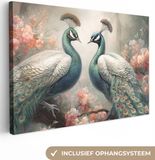 OneMillionCanvasses Canvas schilderij 180x120 cm - Pauwenveren - Vogels - Bloemen - Natuur - Muurdecoratie