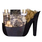 Accentra Luxe badset cadeauset in prachtige zwarte glitterpompen, 9-delige luxe beautyset verzorgingsset doucheset - voor een ontspannen SPA-ervaring