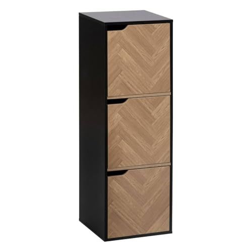 5five - Storage Cube with 3 Compartments, 3 Doors, Herringbone Look, Wood Look and Black