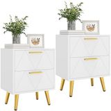 YITAHOME Nachtkastje met 2 lades set van 2, klein nachtkastje opbergkast met opslag, nachtkastje eindtafel voor woonkamer slaapkamer kantoor, 40 x 30 x 52 cm, wit en goud