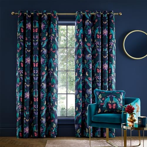 Catherine Lansfield Mya Tropical Floral Lined Eyelet Curtains - 168 x 229cm - Navy