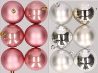 Merkloos / Sans marque Kaemingk B.V. 12x stuks kunststof kerstballen mix van oudroze en zilver 8 cm