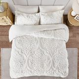 Madison Park Tufted Chenille 100% katoenen dekbed, moderne luxe dekbedovertrek voor alle seizoenen, bedset met bijpassende shams, full/queen (229 x 229 cm), damast gebroken wit, 3-delig