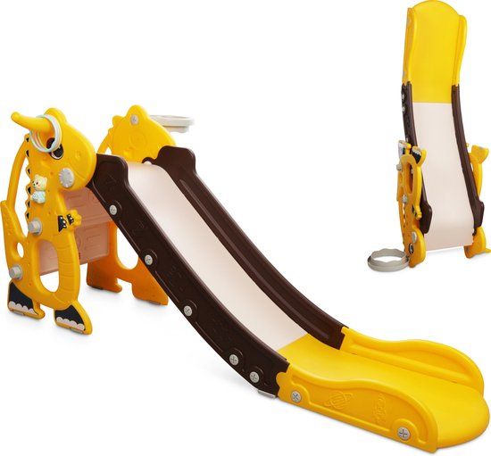 Rockerz Premium Glijbaan - Geel - Opvouwbaar - Met Basketbalring en Muziekbeertje