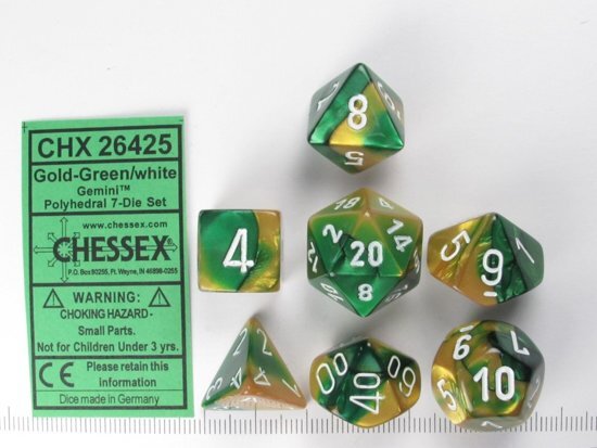 Chessex dobbelstenen set 7 polydice Gemini gold-green w/white