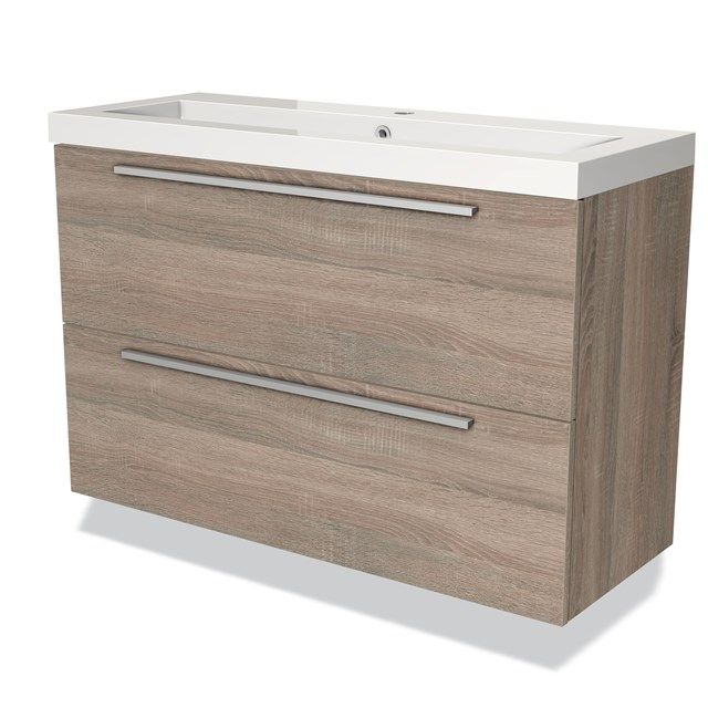 Maxaro Badkamermeubel 100cm Modulo Slim Eiken 2 Lades Vlak Wastafel Mineraalmarmer