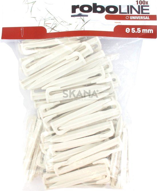 Roboline Pak van 100 op maïs gebaseerde universele studs / jumpers. Voor het bevestigen van begrenzingsdraden van robotmaaiers. Lengte: 95 mm.