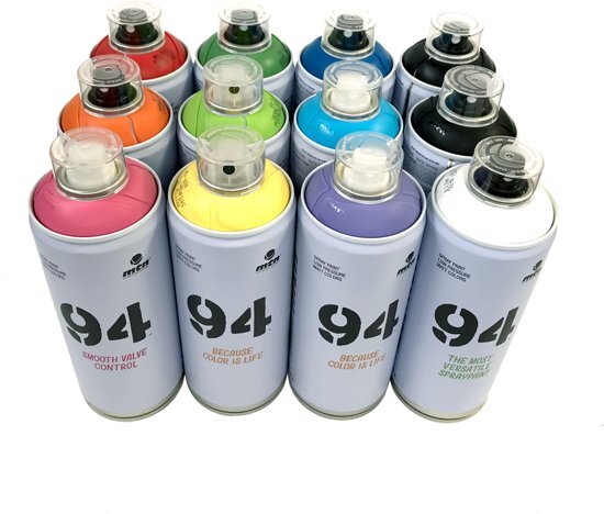 Montana-Colors 12 stuks pakket MTN94 spuitbussen - Basis-set1 - 400ml spuitverf - Lage druk en matte afwerking - Spuitverf voor binnen en buiten gebruik voor vele doeleinden zoals klussen graffiti hobby en kunst