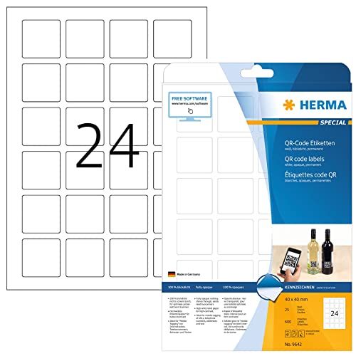 HERMA 9642 zelfklevende QR-code-etiketten voor producten, 24 etiketten per A4-vel, 600 etiketten voor printers, wit dekkend, 40 x 40 mm