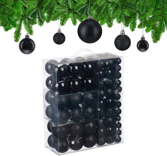 Relaxdays Kerstballen set van 138 stuks - Kunststof - Zwart