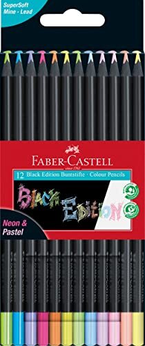 Faber-Castell 116410 - kleurpotloden Black Edition, neon + pastelkleuren, etui van 12 stuks