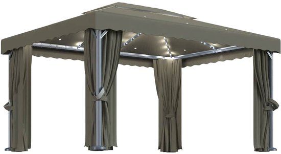 vidaXL Prieel met gordijn en LED-lichtslinger 4x3 m taupe