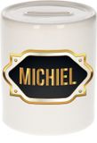 Bellatio Decorations Shoppartners Bv Spaarpot met voornaam Michiel - wit - met goud/zwart embleem - 8 x 9 cm - keramiek - met afsluitdop - cadeau verjaardag
