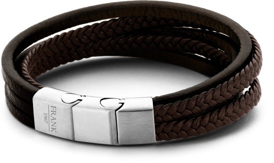 Frank 1967 7FB-0193 - Heren armband met staal element - gevlochten leer - multilayer - lengte 21 cm - donker bruin