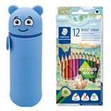 MARKY potloodetui in emoji-design in blauw, zachte en slijtvaste silicone, incl. 12 STAEDTLER Noris colour 187 kleurpotloden, ergonomisch driehoekig formaat, gemaakt van gerecycled hout